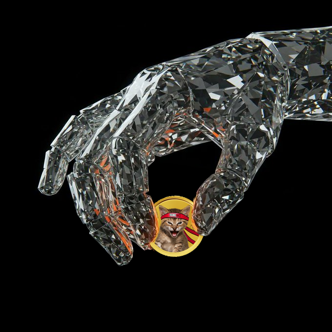 A stylized, crystalline hand reaching down to hold a gold coin featuring a Shiba Inu dog wearing a red headband, set against a black background.