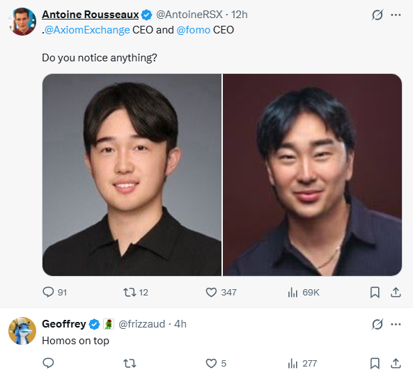 The image shows a tweet by @AntoineRSX comparing two CEO headshots—@AxiomExchange CEO and @fomo CEO—asking "Do you notice anything?" with a reply from @frizzaud joking "Homos on top." The post is tagged with "algo," likely highlighting how social media algorithms amplify or curate content, possibly referencing the visible similarity between the two CEOs' portraits and how such algorithmic interactions generate engagement.