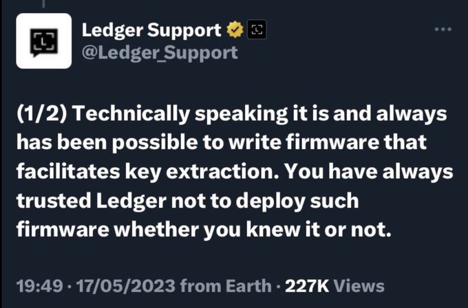 A tweet from @Ledger_Support dated 17/05/2023 with 227K views, admitting that "Technically speaking it is and always has been possible to write firmware that facilitates key extraction. You have always trusted Ledger not to deploy such firmware whether you knew it or not." The post highlights the user's skepticism about Ledger hardware wallets and concerns about backdoored firmware that could compromise self-custody, validating the tweet as evidence of Ledger's potential security risks.