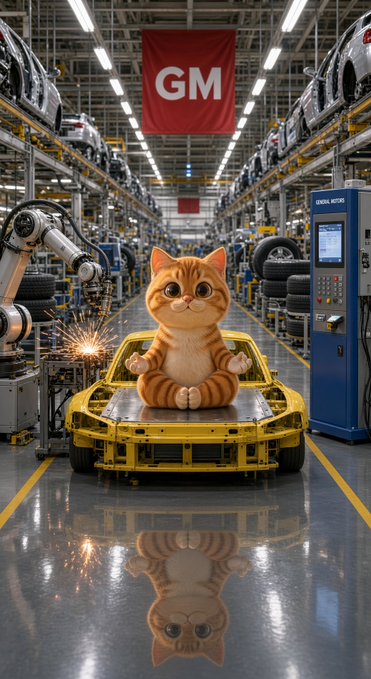 An AI-generated image of a cartoon orange tabby cat sitting in the front seat of a yellow car frame on an automotive assembly line, with a 'GM' banner hanging above and sparks flying from a robotic arm.