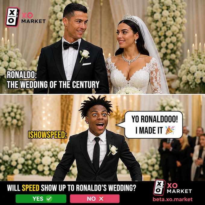 A mock news graphic showing 'Cristiano Ronaldo: The Wedding of the Century' and 'iShowSpeed: Yo Ronaldooo! I made it', with poll buttons asking 'WILL SPEED SHOW UP TO RONALDO'S WEDDING?' and the XO Market branding.