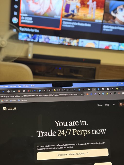 A laptop displaying an Arcus ("arcus_xyz") webpage reading "You are in. Trade 24/7 Perps now" confirming waitlist access, with a YouTube TV screen visible in the background—directly illustrating the post's celebration of gaining early access to Arcus perpetual trading.