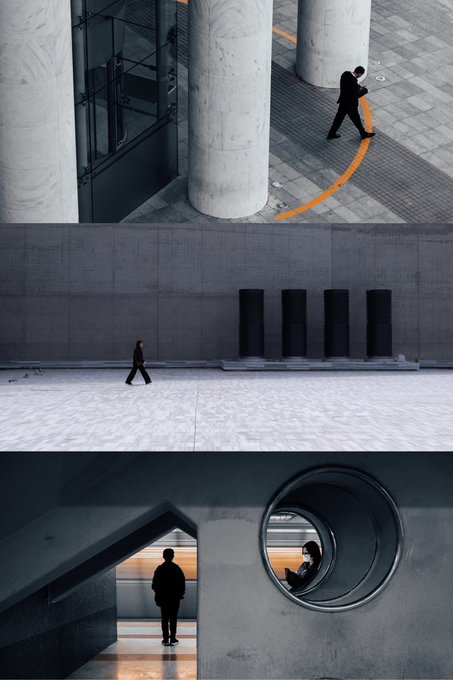 A triptych of moody, monochromatic photographs captures solitary figures navigating minimalist concrete architecture, with a person walking past massive pillars, another traversing a vast stone plaza, and a third framed through a circular concrete opening—evoking a sense of urban solitude and geometric abstraction that complements the introspective "In Between" title.