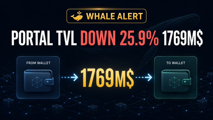 A 'WHALE ALERT' graphic announcing 'PORTAL TVL DOWN 25.9%' to $1769M, illustrated with wallet icons showing money flowing from one to another.