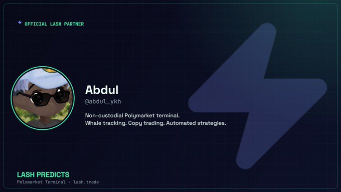 The image is a promotional graphic announcing "Abdul" (@abdul_ykh) as an "OFFICIAL LASH PARTNER," featuring their avatar alongside the tagline: "Non-custodial Polymarket terminal. Whale tracking. Copy trading. Automated strategies." It highlights "LASH PREDICTS" at the bottom with the URL "Polymarket Terminal · Lash.trade," visually reinforcing the post's announcement of new partnership features like whale tracking, copy trading, and automated strategies.