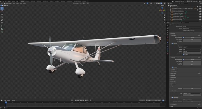 A 3D model of a small white single-engine propeller aircraft is being edited in Blender software.