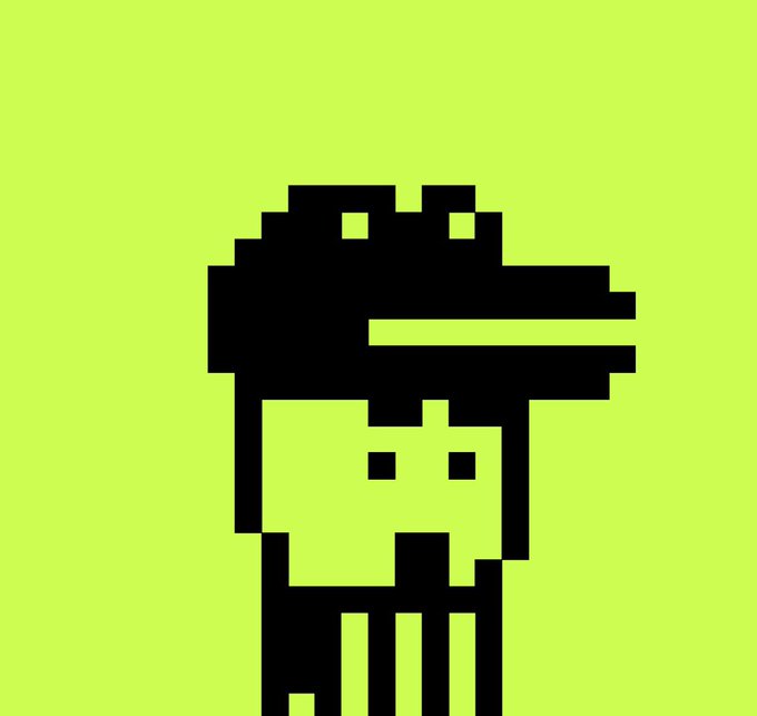 Pixel art illustration of a black character wearing a hat with square eyes on a neon green background.