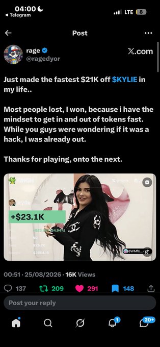 A screenshot of a social media post from user 'rage' (@ragedyor) celebrating fast profits of $21K off $KYLIE, featuring an image of Kylie Jenner with a +$23.1K gain.