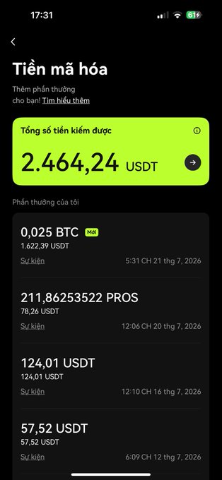 Binance crypto rewards screen in Vietnamese showing total earned 2,464.24 USDT, including rewards of 0.025 BTC (1,622.39 USDT), 211.86 PROS (78.26 USDT), 124.01 USDT, and 57.52 USDT from various events.