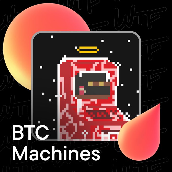 A promotional graphic for 'BTC Machines' featuring a pixel art red Bitcoin mining rig with a halo, set against a black background with orange shapes.