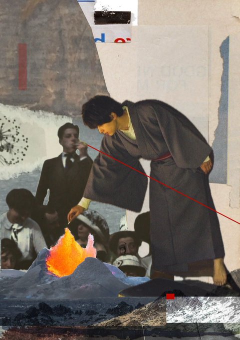 A mixed-media collage shows a woman in a traditional Japanese kimono bending over a painted mountain with an orange flame, overlaid with vintage photographs of men in suits and textured paper scraps.