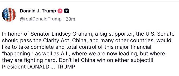 A Truth Social post from @realDonaldTrump calls for the U.S. Senate to pass the Clarity Act to counter China in crypto and AI competition, signed "President DONALD J. TRUMP." The image aligns with the accompanying news about Trump urging Senate action on the crypto legislation before the window closes.