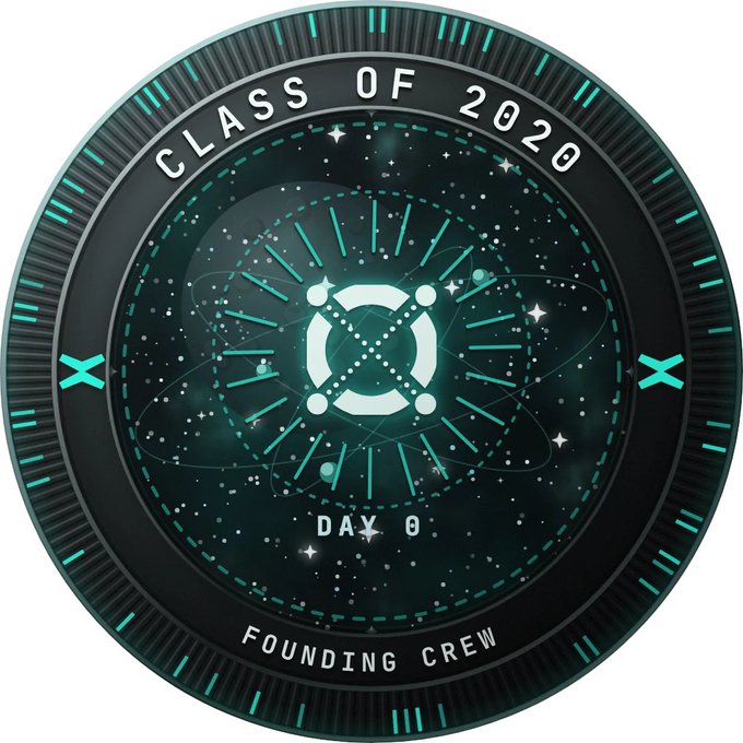 A futuristic circular emblem in dark teal and black with cosmic/space imagery, featuring the text "CLASS OF 2020" at the top, "FOUNDING CREW" at the bottom, and "DAY 0" near a central hexagonal icon—tying into the post's "GM" greeting and supernova.multiversx.com link, which appears to commemorate the MultiversX (formerly Elrond) blockchain's founding.