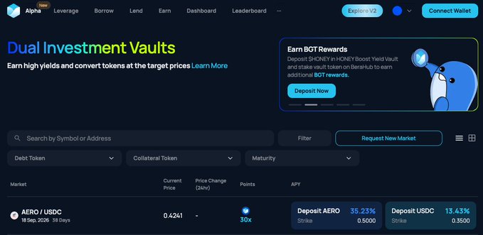 A screenshot of a cryptocurrency platform displaying 'Dual Investment Vaults' with an AERO/USDC market showing a 30x leverage option.