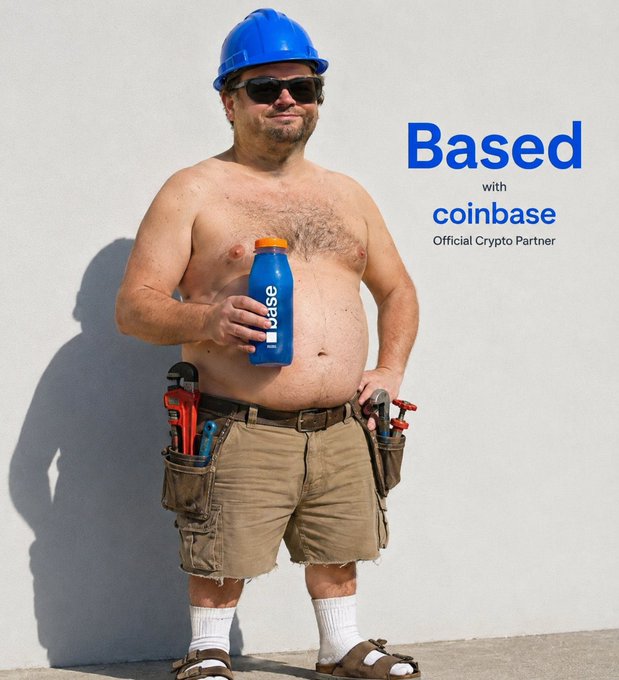 A shirtless man wearing a hard hat and sunglasses holding a blue Base water bottle, in a 'Based with Coinbase Official Crypto Partner' advertisement.