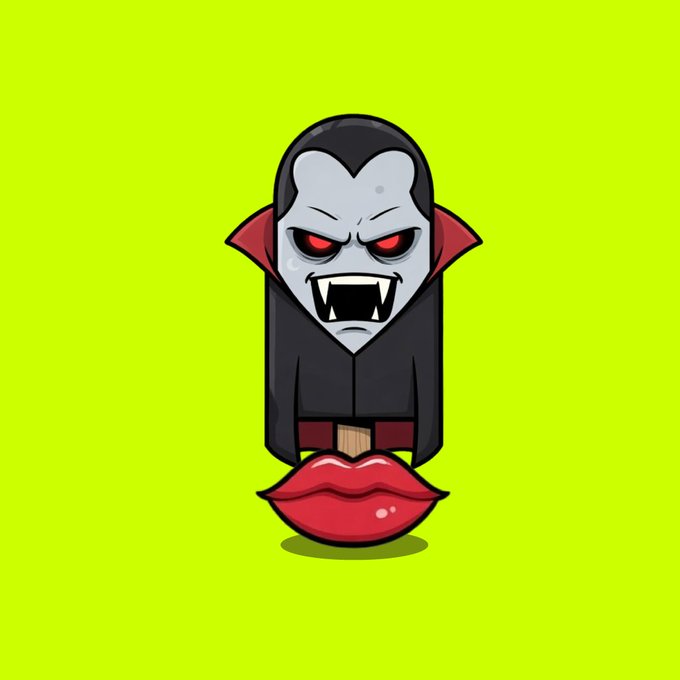A cartoon illustration of a vampire character on a wooden stake, with stylized red lips at the base, set against a bright yellow-green background.