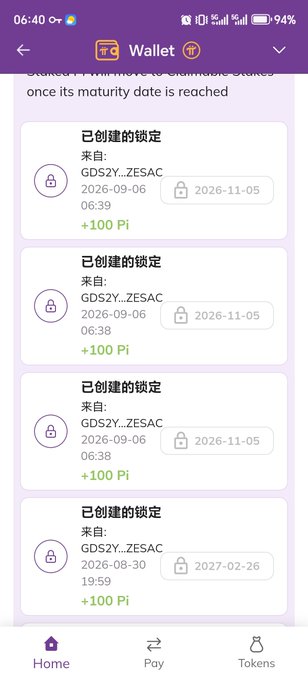 A Pi Network wallet screen displays four locked savings entries titled "已创建的锁定" (Created Lock), each showing 100 Pi from "GDS2Y...ZESAC" with maturity dates ranging from November 2026 to February 2027. The interface includes a top navigation bar showing "Wallet" and a bottom menu with Home, Pay, and Tokens options. This relates to the post's mention of eco-staking projects, as the locked Pi entries represent staked holdings that mature for rewards, similar to the PiPet, Pi Box, and CiDi staking platforms mentioned.