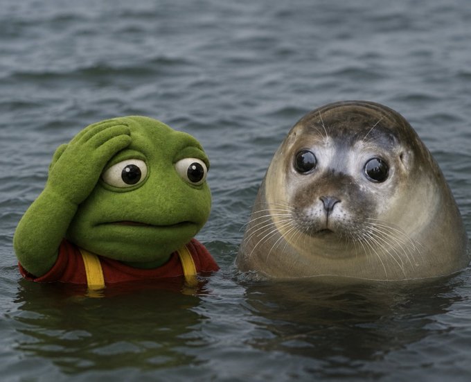 Photo-realistic image of a green Pepe-style frog character with a pained expression alongside a wide-eyed seal, both partially submerged in water.