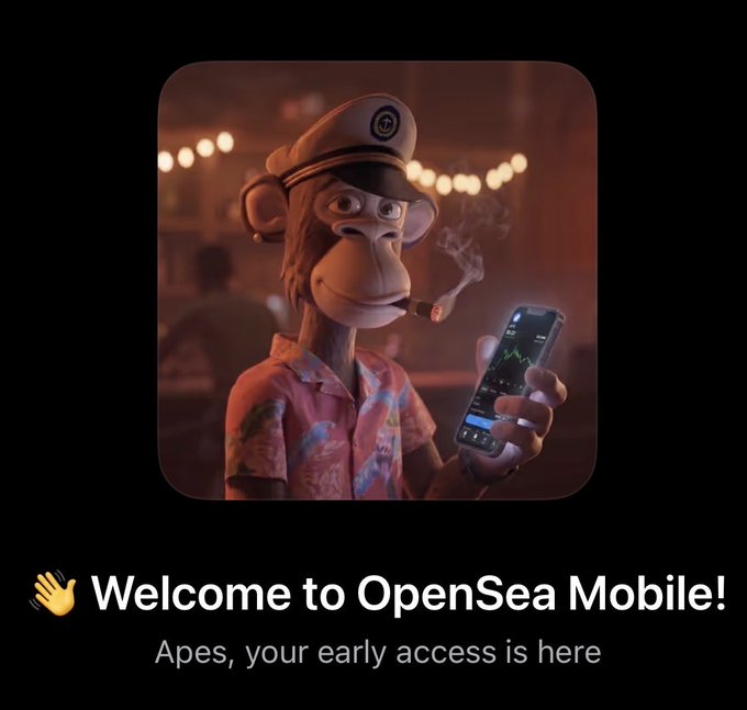 The image features a cartoon monkey holding a cell phone with a cigarette in its mouth, as well as a banner that says "Welcome to OpenSea Mobile!" The monkey appears to be smiling while smoking the cigarette. The text at the bottom of the image reads "@BoredApeYC I’m able to have early access to @opensea mobile app! LFG! Hyped to use the app!".