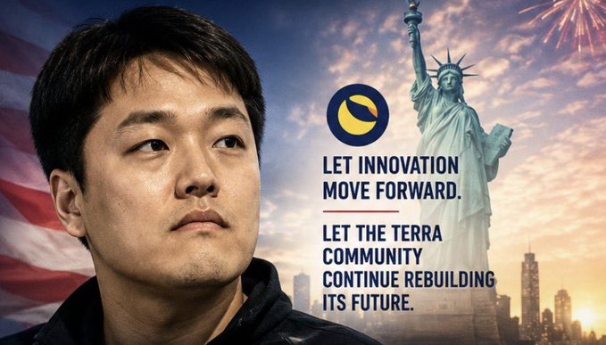 A promotional image featuring Do Kwon alongside the Statue of Liberty and American flag, displaying the text "LET INNOVATION MOVE FORWARD. LET THE TERRA COMMUNITY CONTINUE REBUILDING ITS FUTURE." with the Terra logo, visually tied to a vision of transforming Terra Classic into a foundational payment infrastructure for the emerging AI-agent economy.