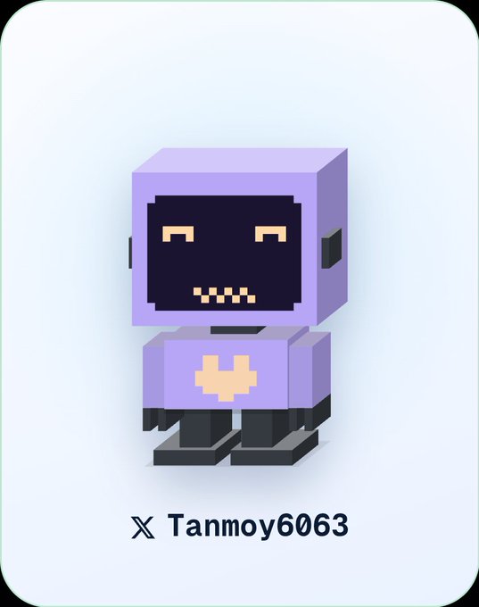 A pixel-art purple robot avatar on a white rounded card, labeled “X Tanmoy6063.”