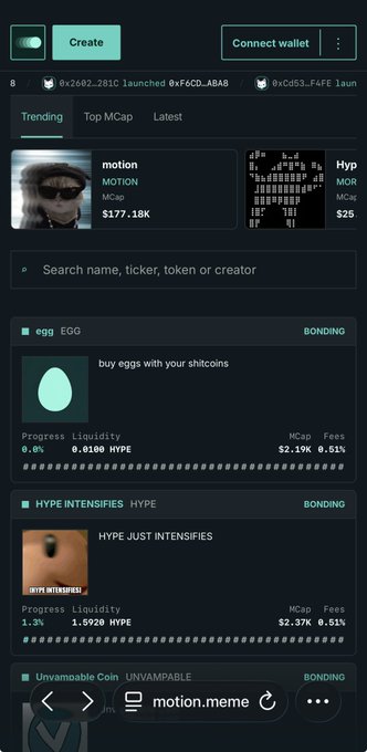 The image shows a mobile interface of "motion.meme," a token launchpad on HyperliquidX, featuring a trending section with tokens like "motion" ($177.18K), "egg EGG," "HYPE INTENSIFIES HYPE," and "Unwinnable Coin UNWINNABLE," all in their bonding stages with varying progress percentages and market caps. This aligns with the post highlighting Cove as a new launchpad on HyperliquidX where users can trade tokens like $HYPE and $EGG directly without bridging.