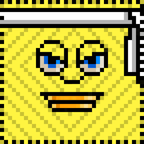 A close-up of a pixelated, yellow SpongeBob-style face with large blue eyes and a small smile is shown, likely from a handheld game screen.