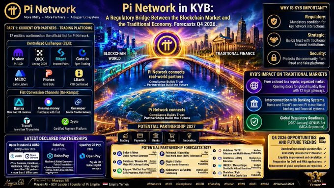 An infographic titled 'Pi Network - Pi In KYB' detailing Pi Network's regulatory bridge between blockchain and traditional finance, with sections on partners, exchanges, and Q4 2026 opportunities.