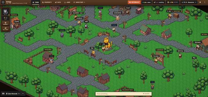 A screenshot of a browser-based pixel art game shows a small village with various characters, houses, trees, and cobblestone paths on a green field, with a stats bar at the top.