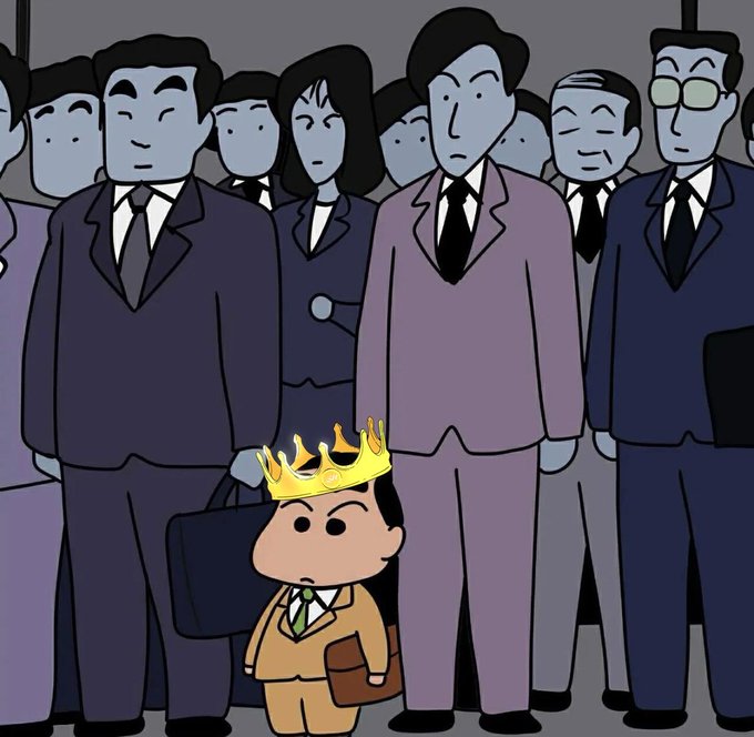 An edited cartoon image showing a small crowned character in a suit standing in front of a crowd of gray-toned anime businessmen.