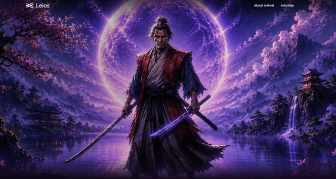 The image features a man dressed as a warrior, holding two swords and standing in front of a waterfall with a castle in the background. The caption for the image reads "Today'S the day. Musashi Dojo is live - musashi.network SPOs, tool builders, dApp devs: Join the Dojo and train with us! Docs are up for running a Leios node and registering a stake pool."