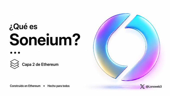 A Spanish-language promotional graphic asking '¿Qué es Soneium?' describing it as 'Capa 2 de Ethereum' (Layer 2 of Ethereum), with the Soneium logo, 'Construido en Ethereum', 'Hecho para todos', and credit to X @L0nsweb3.