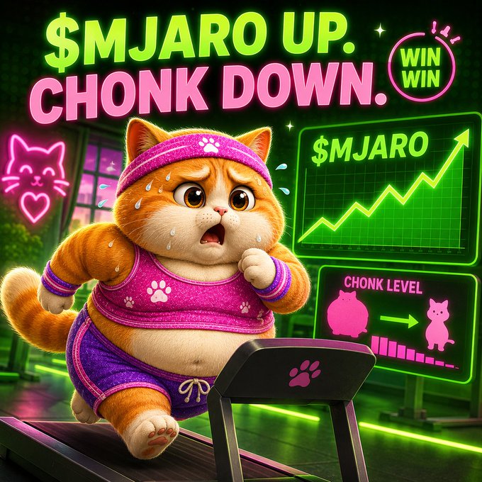 A cartoon orange cat in pink workout gear sweating on a treadmill, with text '$MJARO UP. CHONK DOWN. WIN WIN' and a chart showing $MJARO rising and 'CHONK LEVEL' decreasing.