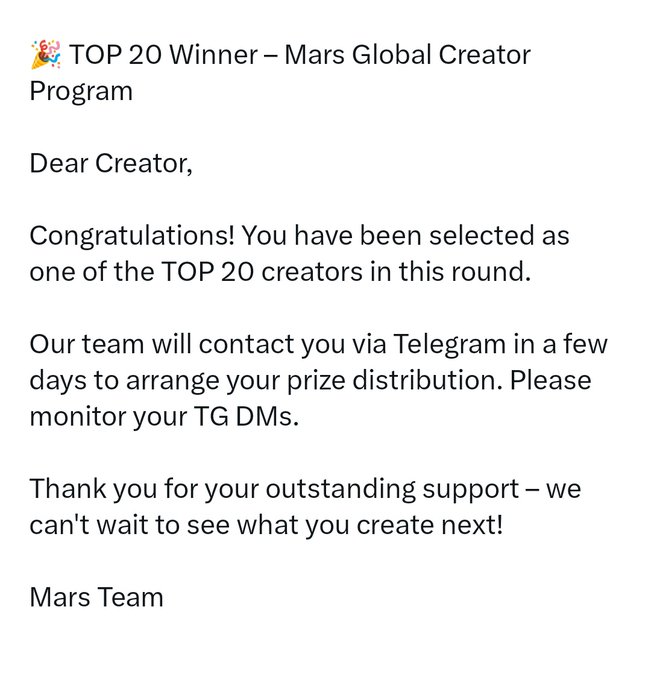A congratulatory message titled 'TOP 20 Winner – Mars Global Creator Program' notifying the recipient they won and asking them to monitor Telegram DMs for prize distribution.