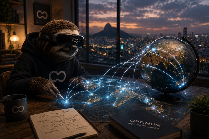 A digital illustration of a sloth wearing Meta-branded VR goggles and hoodie, working at a desk with a glowing holographic globe displaying network connections, set against a city skyline at dusk with a Rio de Janeiro backdrop.