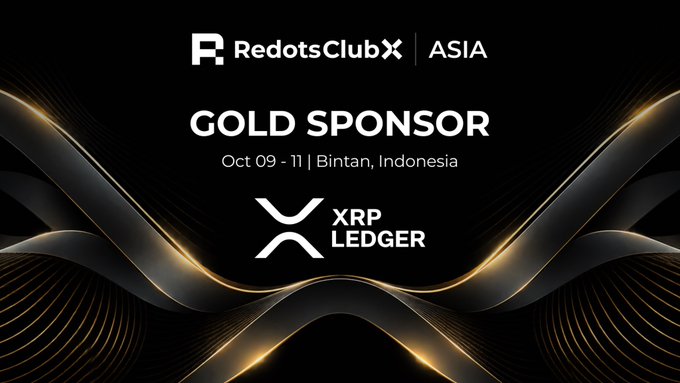 A sleek black promotional graphic announces **XRP Ledger** as the **Gold Sponsor** of **RedotsClub ASIA**, taking place **Oct 09 - 11** in **Bintan, Indonesia**. The image highlights XRP Ledger's sponsorship role at the RedotsClub Asia event, aligning with the post's announcement of XRP Ledger attending the conference in Bintan.