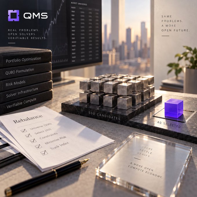 A promotional image for 'QMS' featuring metallic cubes labeled '500 CANDIDATES' and a single purple cube labeled '40 SELECTED', alongside a 'Rebalance' checklist.