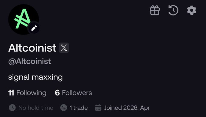 A profile page for an X (Twitter) account named 'Altcoinist' (@Altcoinist) with the bio 'signal maxxing', showing 11 Following, 6 Followers, and a join date of April 2026.