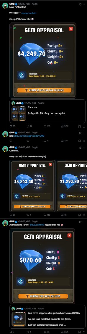 A series of X (Twitter) posts by '@GMIB_XBT' showcasing 'GEM APPRAISAL' results from a game, displaying various diamond values like $4,249.70, $5,263.40, and $870.60 with corresponding Purity, Clarity, Weight, and Cut stats.