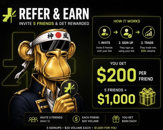 Promotional banner for a 'REFER & EARN' program featuring a golden monkey in a ninja headband, offering $200 per friend up to $1,000 for 5 referrals.