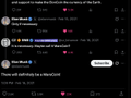 The image shows a screenshot of Elon Musk's tweets from February 2021 that mention a "MarsCoin." The accompanying post describes a user's successful investment in a coin called "MarsCoin," referencing a 1000x gain and a significant profit.
