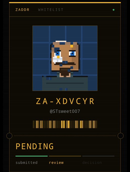 A pixel art character display on a ZADDR whitelist page showing the username '@STsweet007' with the ID 'ZA-XDVCYR' in a pending status.