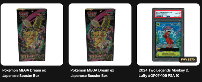 Three product images displayed side by side on a dark background: two 'Pokémon MEGA Dream ex Japanese Booster Box' packs and one '2024 Two Legends Monkey D. Luffy #OP07-109 PSA 10' graded card with a 'FMV $970' label.