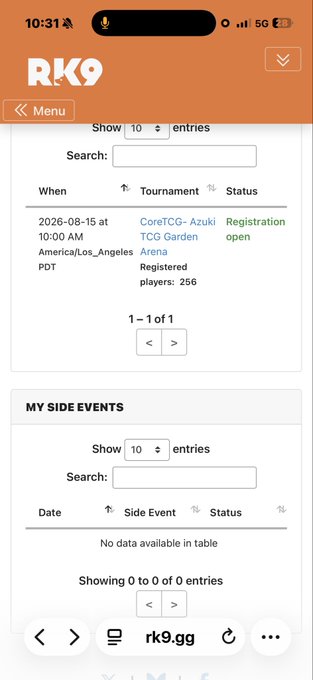 Mobile screenshot of the RK9 gaming/tournament website showing a CoreTCG-Azuki TCG Garden Arena tournament scheduled for 2026-08-15 at 10:00 AM PDT with 256 registered players.