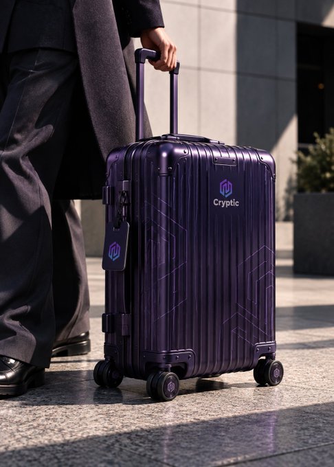 A person in dark attire wheels a purple hardshell suitcase branded "Cryptic" alongside its matching luggage tag, ready for their upcoming trip.