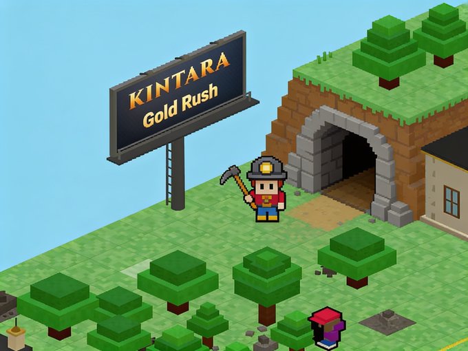 The image features a man standing next to a sign that says "Kintara Gold Rush" above him. The man appears to be wearing a red shirt, which contrasts with his surroundings. In front of him, there are trees and buildings, suggesting an urban setting for this scene.