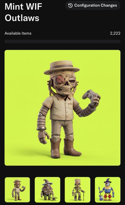 This image displays a "Mint WIF Outlaws" page showing 2,222 available NFT items, with the main image featuring a skeleton figure dressed as a cowboy holding a game controller, alongside thumbnail options of other outlaw-themed characters including a witch, a businessman, and a wizard. The post celebrates upcoming collaborations and exclusive mints for subscribers, with the displayed NFT collection appearing to be one of the featured mints available to the community.