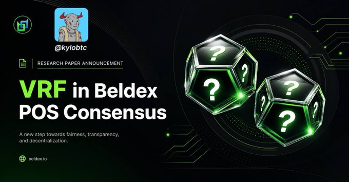 Promotional graphic announcing a 'VRF in Beldex POS Consensus' research paper by @kylobtc, highlighting a new step towards fairness, transparency, and decentralization (beldex.io).