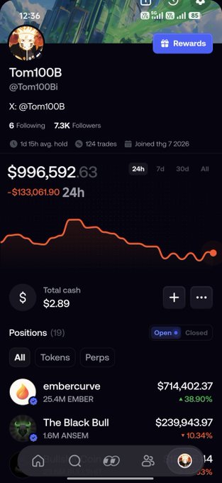 A trading portfolio screenshot for 'Tom100B' (@Tom100Bi) showing a total value of $996,592.63 with a -$133,061.90 24h change, including positions like embercurve ($714,402.37) and The Black Bull.