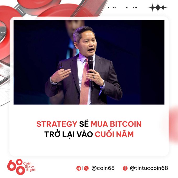 A promotional graphic featuring a man in a suit speaking into a microphone, with text reading 'STRATEGY SẼ MUA BITCOIN TRỞ LẠI VÀO CUỐI NĂM' and logos for 'Coin Sixty Eight' and social media handles '@coin68' and '@tintuccoin68'.